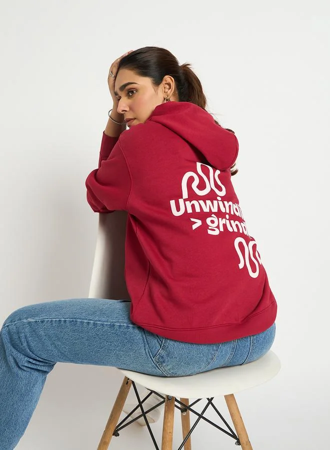 Femmella  Red Oversized Fleece Graphic Hoodie for Women | Best Price UAE