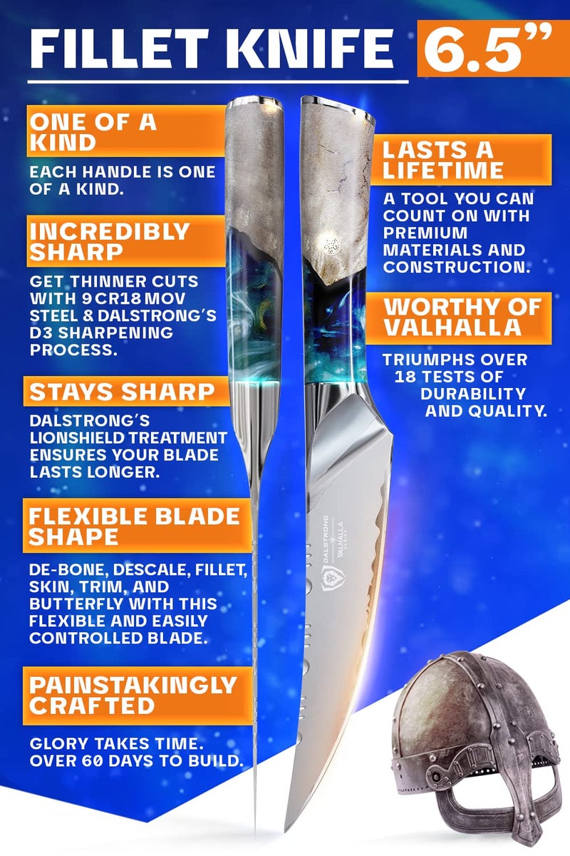 Dalstrong سكين دالسترون للتقطيع - 6.5 بوصة - سلسلة فالهالا - فولاذ 9CR18MOV HC - مقبض من الراتنج السماوي والخشب هدية سكين مطبخ - لتقطيع اللحم، والنحت، والعظام، وإزالة العظام، والعظام - Image 4