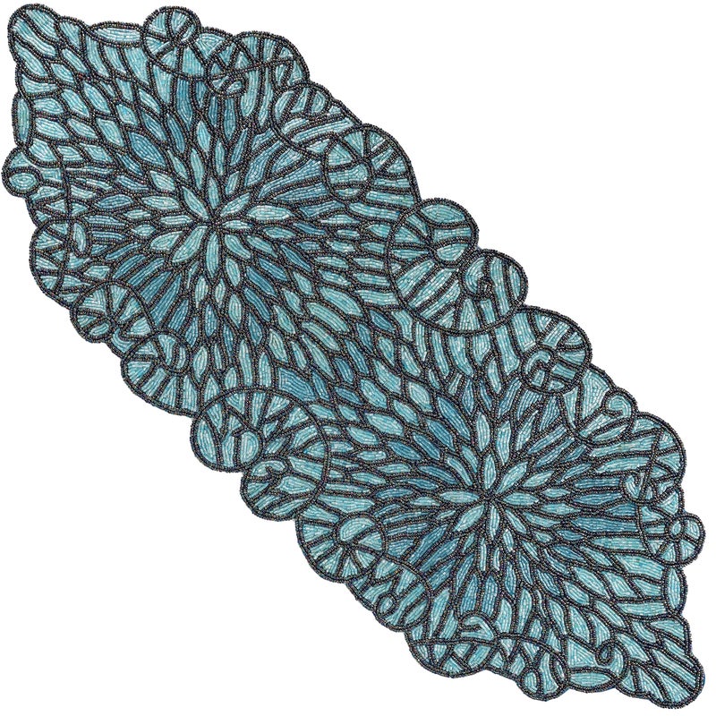 Festive Beaded Table Runner 13x36 Handmade Stone Sapphire Beaded Table Runner Floral Art Deco Design Durable Polyester Backing for Farmhouse Bridal Holiday Dcor Blue Black CLEENTABLE