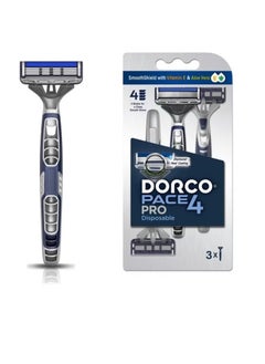 DORCO Pace Pro 4 Disposable Razors, 3 Pack - Long Lasting 4 Blade Technology With A Precision Trimmer, Safety Guard Bar, Pivoting Head And Non-Slip Rubber Handle (3 Razors) 