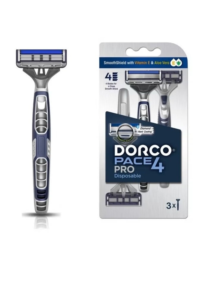 DORCO Pace Pro 4 Disposable Razors, 3 Pack - Long Lasting 4 Blade Technology With A Precision Trimmer, Safety Guard Bar, Pivoting Head And Non-Slip Rubber Handle (3 Razors) 