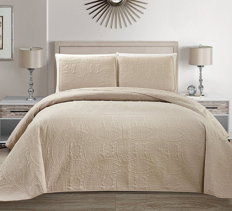 Linen Plus Collection 3 Pieces KingCalifornia King Over Size Embossed Coverlet Bedspread Set Solid Beige Khaki 118 x 106 New