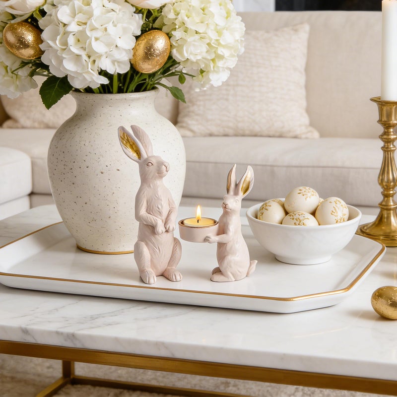 DN DECONATION Beige Easter Bunny Figurines Set of 2 with Gilded Accents & Tealight Holder, Resin Rabbit Statue for Elegant Home Decor, Wedding Easter Table Centerpiece Cozy Gift for Women - Image 2