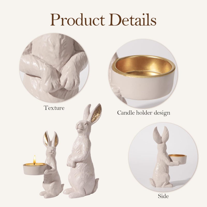 DN DECONATION Beige Easter Bunny Figurines Set of 2 with Gilded Accents & Tealight Holder, Resin Rabbit Statue for Elegant Home Decor, Wedding Easter Table Centerpiece Cozy Gift for Women - Image 5