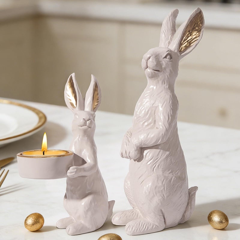 DN DECONATION Beige Easter Bunny Figurines Set of 2 with Gilded Accents & Tealight Holder, Resin Rabbit Statue for Elegant Home Decor, Wedding Easter Table Centerpiece Cozy Gift for Women - Image 1