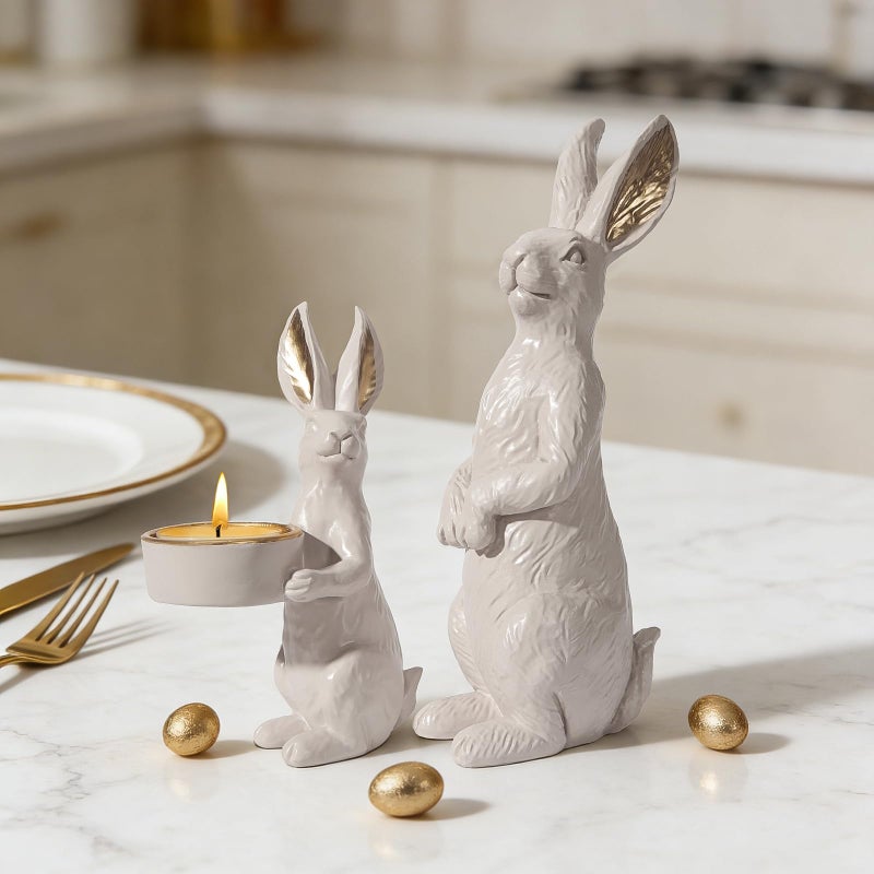 DN DECONATION Beige Easter Bunny Figurines Set of 2 with Gilded Accents & Tealight Holder, Resin Rabbit Statue for Elegant Home Decor, Wedding Easter Table Centerpiece Cozy Gift for Women - Image 4