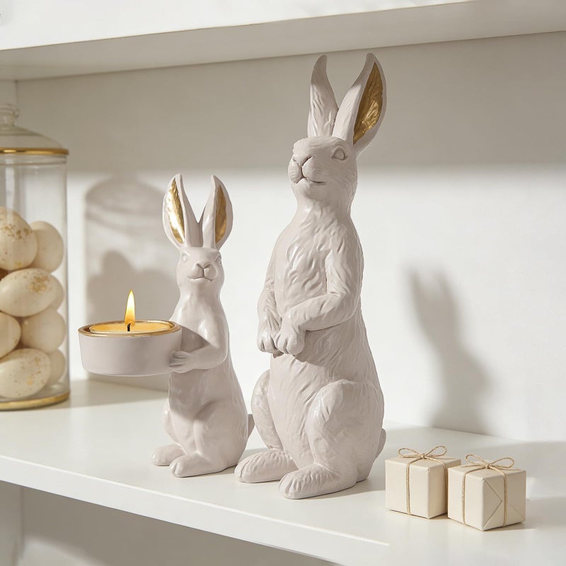 DN DECONATION Beige Easter Bunny Figurines Set of 2 with Gilded Accents & Tealight Holder, Resin Rabbit Statue for Elegant Home Decor, Wedding Easter Table Centerpiece Cozy Gift for Women - Image 3