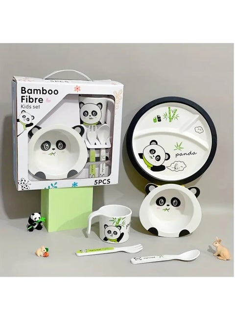 Kids Feeding Set 5 Pcs, Tableware Set for Toddlers Includes Plate Bowl Cup Fork and Spoon Utensil Flatware, Kids Flatware Set Dishwasher Safe, BPA Free (Panda)