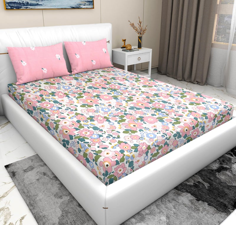 RD TREND® Presents Luxurious Supersoft Cotton Feel 210 Tc (100x108 Inch) bedsheet for Double Bed King Size with 2 Pillow Covers Size 18x28 Inch Color- Cream Pink Pattern-Floral - Image 1