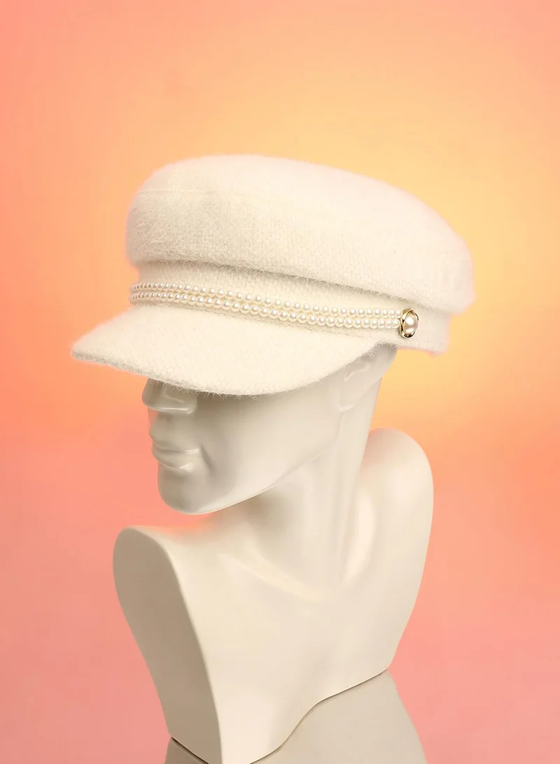 Pearl-Lined Breton Cap - Powder White