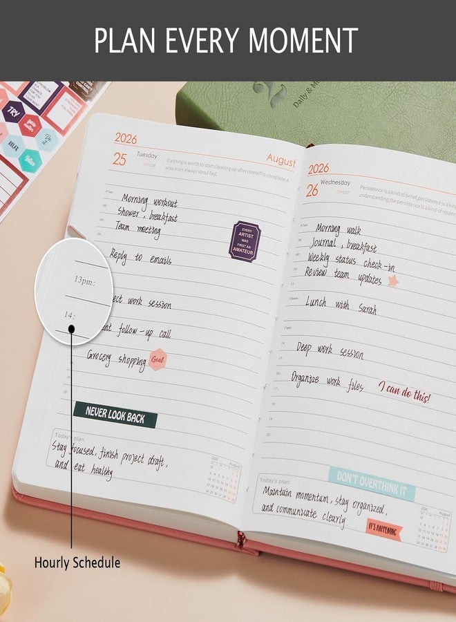 PLANNITY Daily Planner 2026, Planner Calendar Jan 2026 - Dec 2026 with Monthly Tabs, 5.7'' X 8.4'', 365 One Page Per Day Planner with Hourly Schedule, Leather Cover, Inner Pocket, Stickers, for Women/Men - Image 4