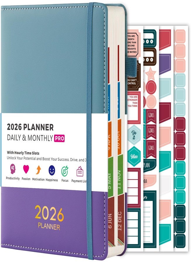 PLANNITY Daily Planner 2026, Planner Calendar Jan 2026 - Dec 2026 with Monthly Tabs, 5.7'' X 8.4'', 365 One Page Per Day Planner with Hourly Schedule, Leather Cover, Inner Pocket, Stickers, for Women/Men - Image 1