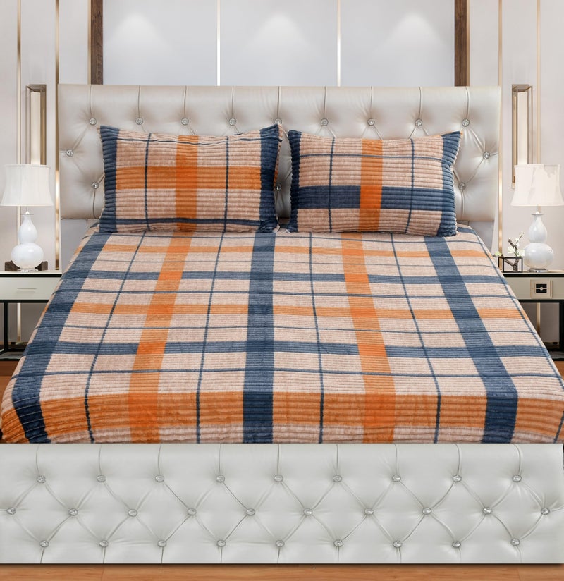 KAWI Velvet Pencil Print 300 GSM Woolen Fleece Warm Winter Checkred Flannel Elastic Fitted Bedsheets for Double Bed King Size 90x100 (78x72X10) inches with 2 Pillow Cover,- Brown - Image 2