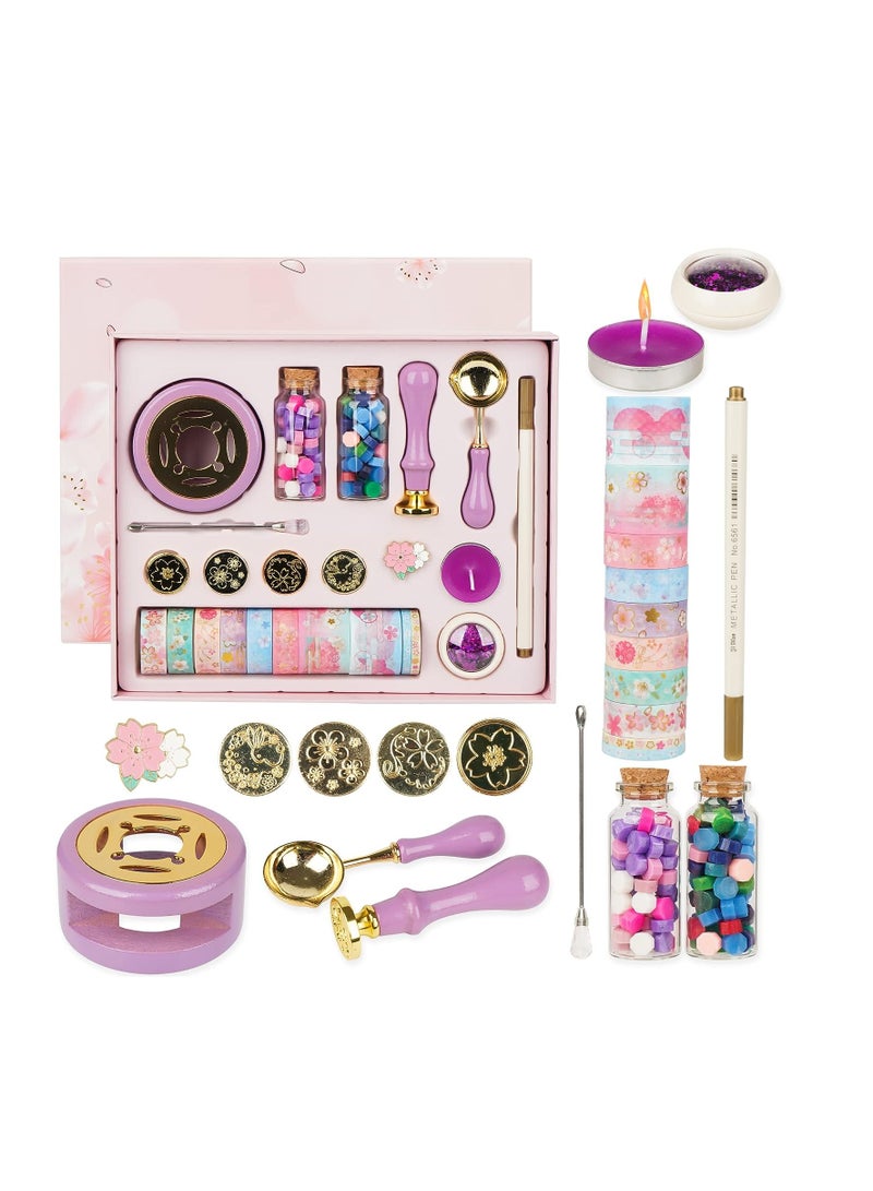 KASTWAVE Wax Seal Stamp Kit, Wax Seal Beads with Wax Seal Stamp, Sealing Wax Warmer, Wax Seal Metallic Pen, Wax Seal Kit with Gift Box, Birthday Gift and Decoration for Girls, Purple - Image 1