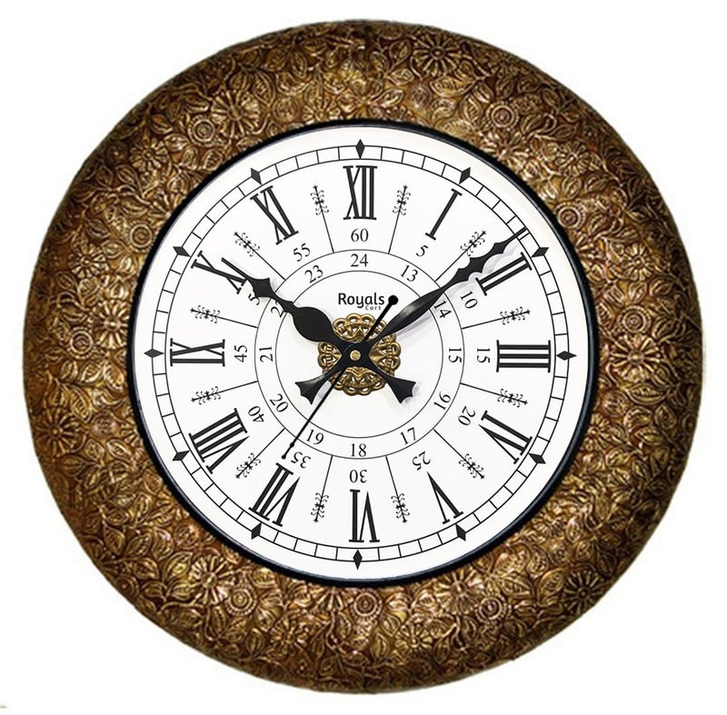 RoyalsCart Vintage India Inspired Wall Clock for Living Room Stylish | 16 inch Royal Metal Antique Golden Wall Clock for Hall and Bedroom Stylish | Big Designer Wall Clocks for Home Decor [KTWC221D] - Image 1