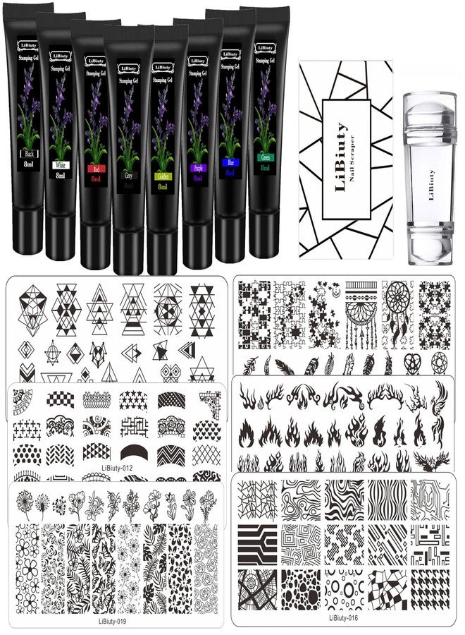 LiBiuty Nail Stamping Plates set 6 pcs Nail Stamping Polish Gel 10pcs Templates with Stamper Nail Art Plates Set Nail Plates French Line Lace Flower Holiday Vacation Design - Image 1