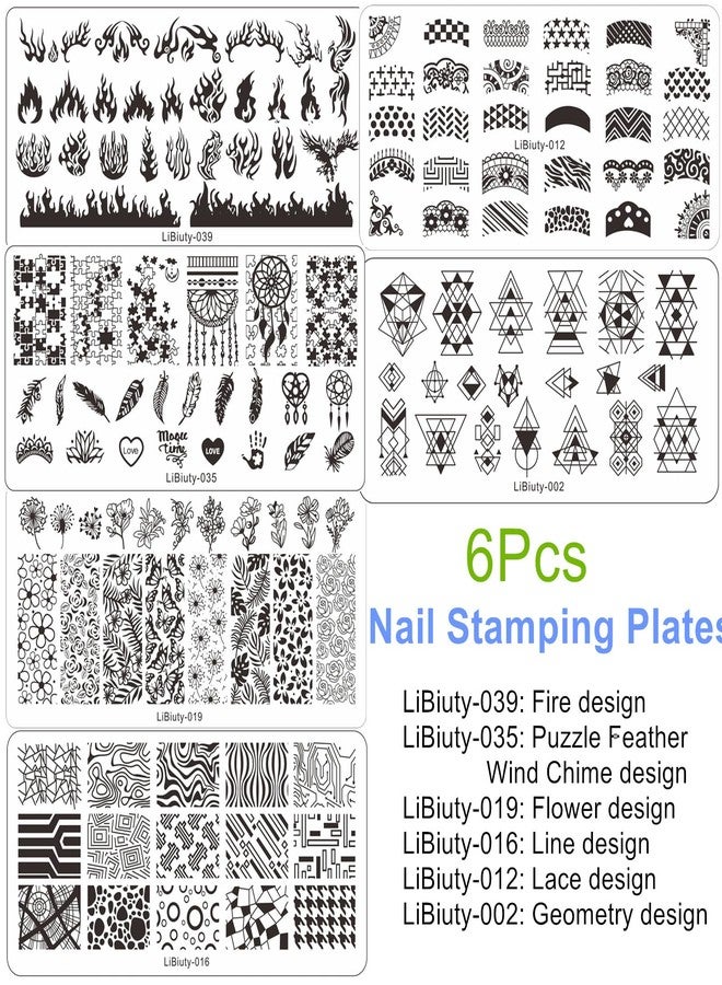LiBiuty Nail Stamping Plates set 6 pcs Nail Stamping Polish Gel 10pcs Templates with Stamper Nail Art Plates Set Nail Plates French Line Lace Flower Holiday Vacation Design - Image 4