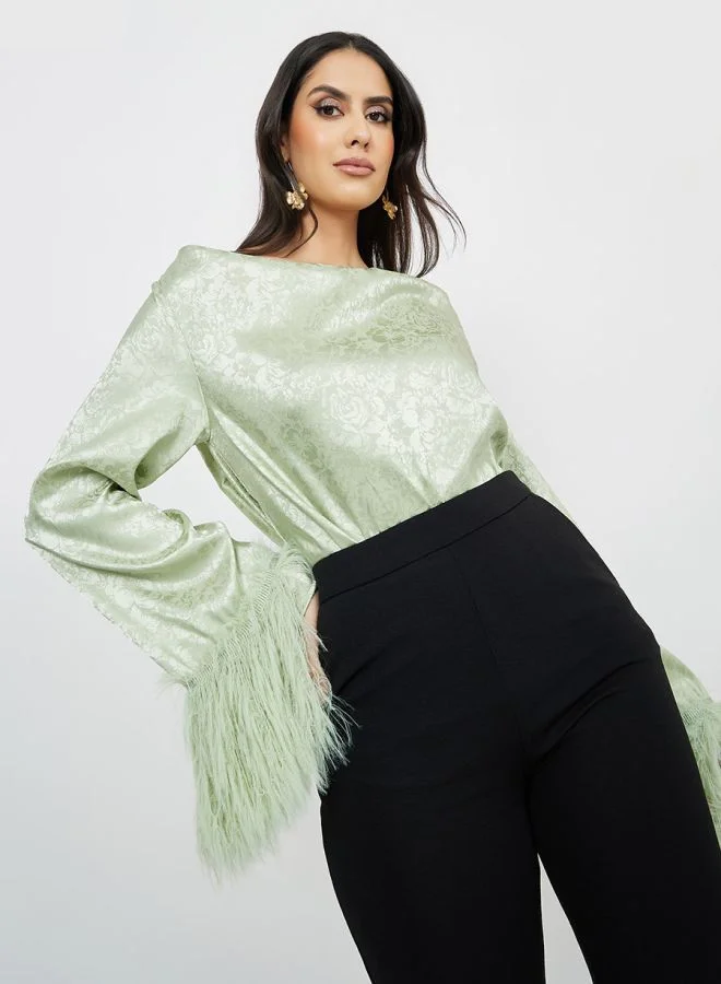 Styli Floral Jacquard Faux Feather Trim Open Back Blouse