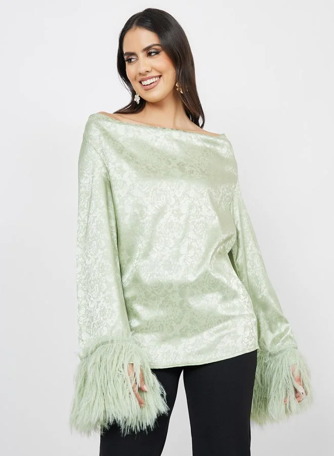 Styli Floral Jacquard Faux Feather Trim Open Back Blouse