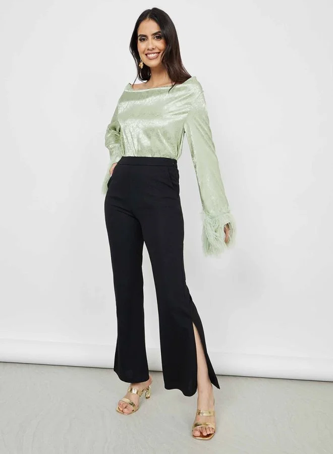 Styli Floral Jacquard Faux Feather Trim Open Back Blouse