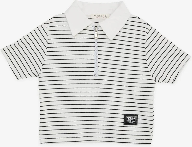 Breeze Girl's Crop T-Shirt Zippered Striped Ecru (Ages 9-14)