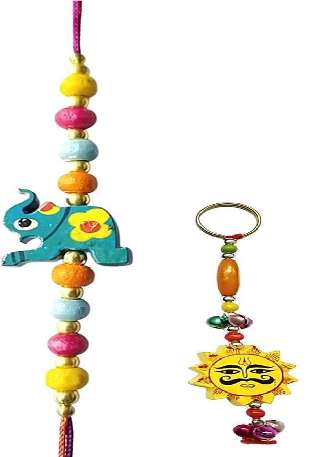 Krishna Rakhi for brother bhaiya kids designer for rakshabandhan with wooden blue color elephant rakhi and Wooden yellow Color Surya Key chain as Gift
