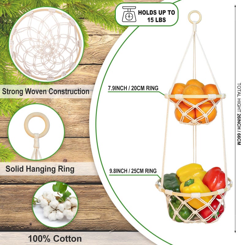 ANROYE 2 Tier Macrame Hanging Fruit Basket, Boho Vegetable Holder for Kitchen Food Storage with Hook, Bohemian Cotton Produce Multi Organizer, Plant Hanger Decor for Home Living Room Women Christmas Gift - Image 2