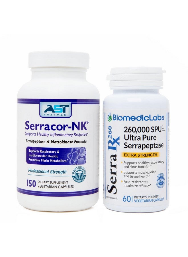 Biomedic Labs RX Serracor-NK & Serra-RX 260,000 SU - Scar Tissue Bundle (150 Capsules & 60 Capsules) - Acid-Resistant Serrapeptase Proteolytic Systemic Enzyme, Respiratory & Lung Support - Image 1