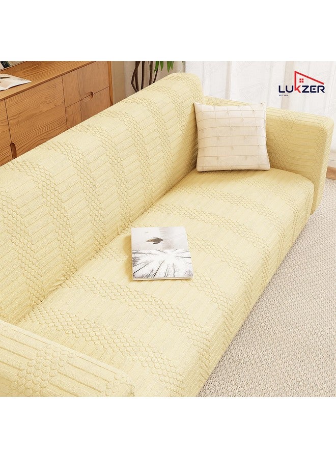 Lukzer 4 Seater Pastel Yellow Dotted Stripe Pattern Sofa Cover | 240 GSM Universal Stretch Fit Jacquard Fabric Couch Protector | Fully Covered Anti Slip & Washable Sofa Cover (230-300cm/SC-070-04) - Image 3