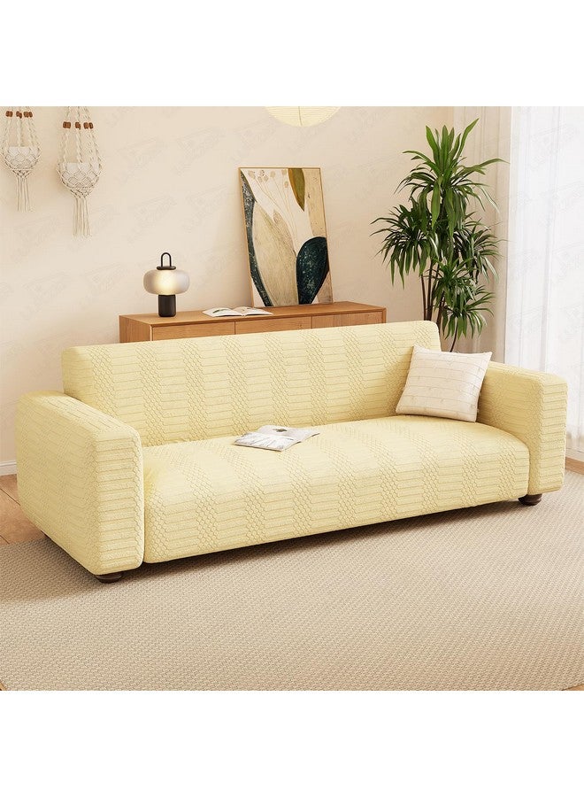 Lukzer 4 Seater Pastel Yellow Dotted Stripe Pattern Sofa Cover | 240 GSM Universal Stretch Fit Jacquard Fabric Couch Protector | Fully Covered Anti Slip & Washable Sofa Cover (230-300cm/SC-070-04) - Image 1