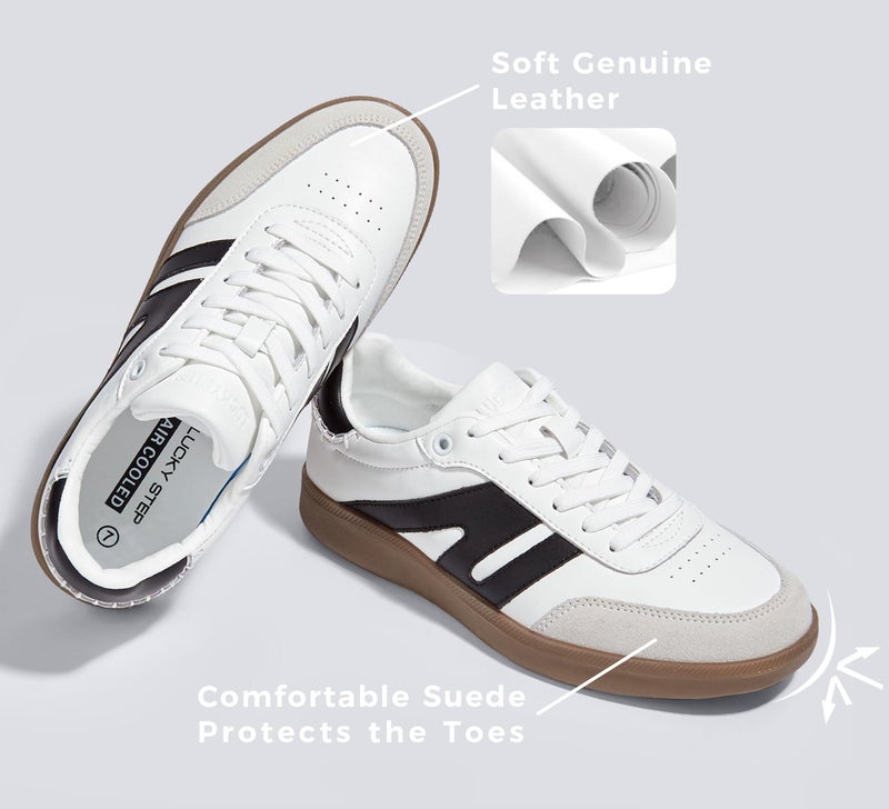 LUCKY STEP Women Classic Retro Gum Sole Fashion Sneakers Casual Tennis Skate Shoe Genuine Leather Walking Footwear Anti Slip Trainers(White/Black,10) - Image 3