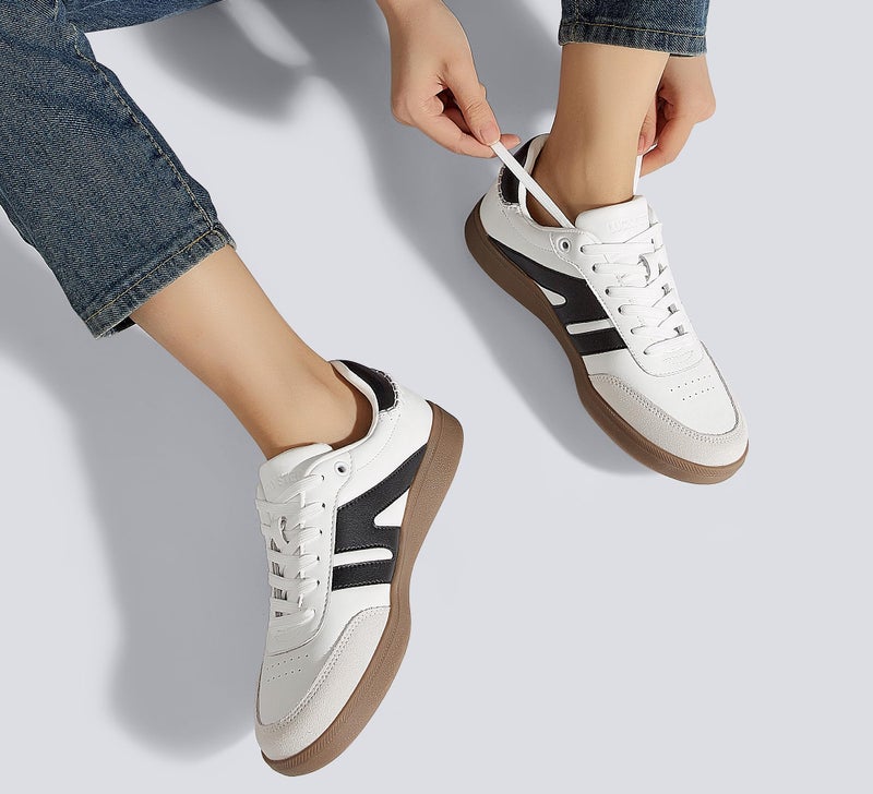 LUCKY STEP Women Classic Retro Gum Sole Fashion Sneakers Casual Tennis Skate Shoe Genuine Leather Walking Footwear Anti Slip Trainers(White/Black,10) - Image 2