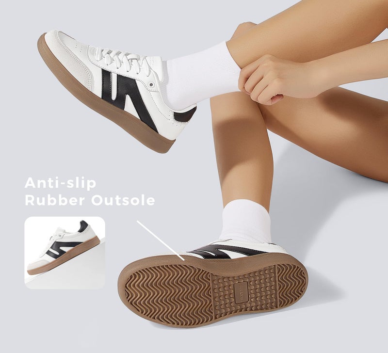 LUCKY STEP Women Classic Retro Gum Sole Fashion Sneakers Casual Tennis Skate Shoe Genuine Leather Walking Footwear Anti Slip Trainers(White/Black,10) - Image 5