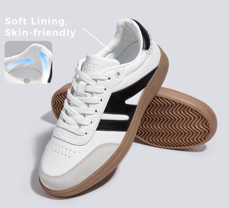 LUCKY STEP Women Classic Retro Gum Sole Fashion Sneakers Casual Tennis Skate Shoe Genuine Leather Walking Footwear Anti Slip Trainers(White/Black,10) - Image 4