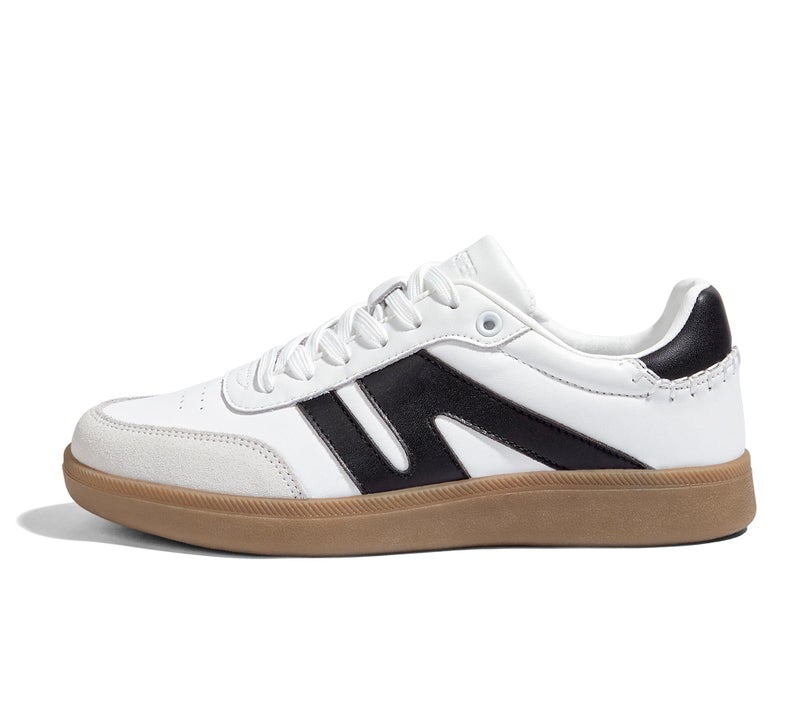 LUCKY STEP Women Classic Retro Gum Sole Fashion Sneakers Casual Tennis Skate Shoe Genuine Leather Walking Footwear Anti Slip Trainers(White/Black,10) - Image 1