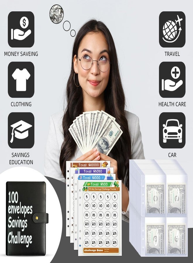 DONBAO 100 Envelopes Money Saving Challenge Binder - Fun, Easy Savings System to Save $5,050, $10,000, $500, $1,000, A5 Budget Binder Planner Book Tracker with Cash Envelopes, Guide & Progress Chart (Black) - Image 2