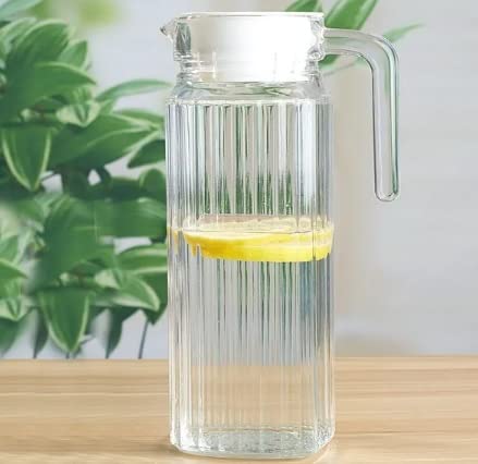 IndusBay Rectangular 1100 ml Fluted Glass Jug Pitcher with Plastic lid iced Tea Pitcher Water jug hot Cold Water ice Tea Milk and Juice Beverage Carafes 11 LTR 1 Piece Transparent