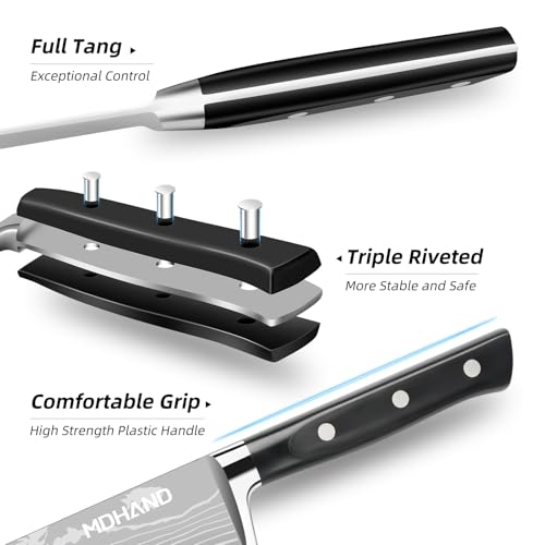 MDHAND Chef Knife Set with Roll Bag, 9PCS Professional Knife Set with Sharpener, High Carbon Stainless Steel Japanese Kitchen Knife Set - Forged Triple Rivet Handle, Dishwasher Safe, Chef Gifts, Black - Image 4