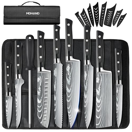 MDHAND Chef Knife Set with Roll Bag, 9PCS Professional Knife Set with Sharpener, High Carbon Stainless Steel Japanese Kitchen Knife Set - Forged Triple Rivet Handle, Dishwasher Safe, Chef Gifts, Black - Image 1