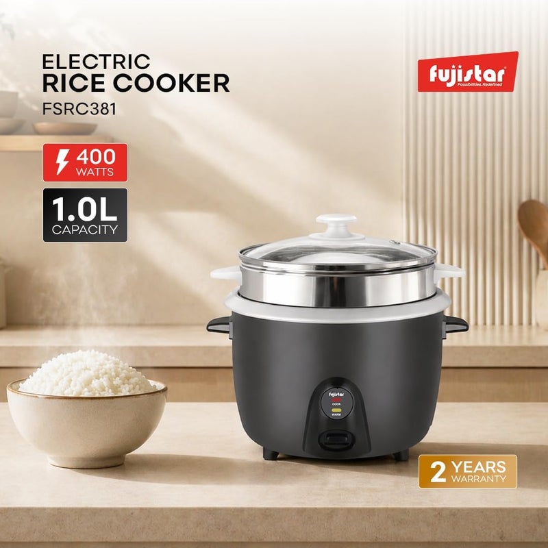 Fujistar Electric Rice Cooker FSRC381, 1L Capacity, 400W, Food-Grade Steel Body with Stainless Steel Steamer - Image 2