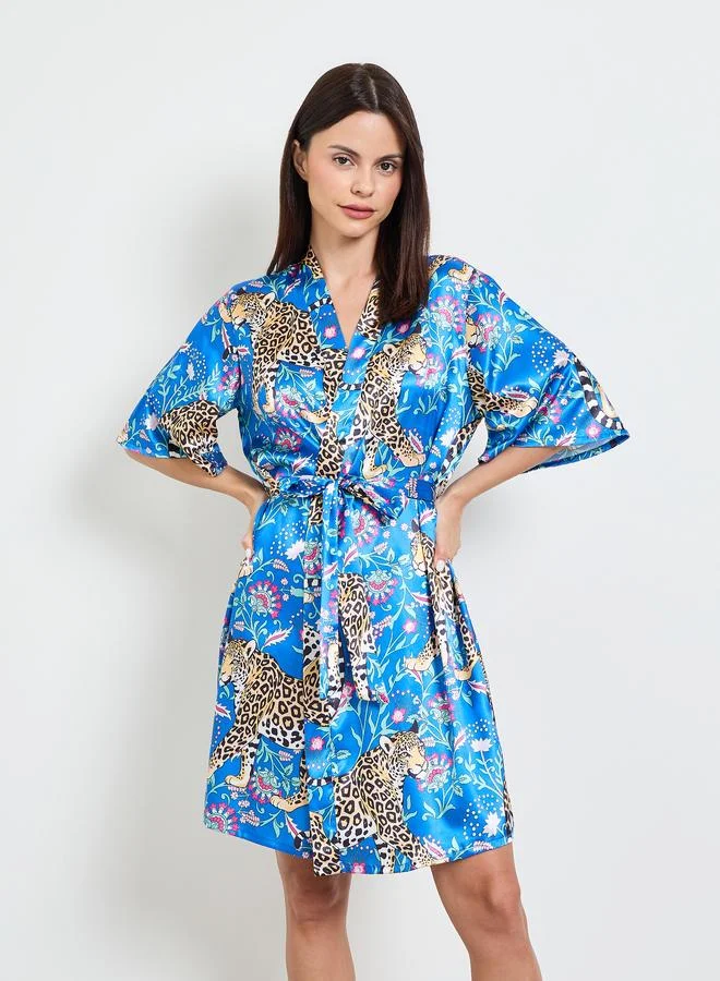 تايك تو Blue Leopard Print Satin Robe