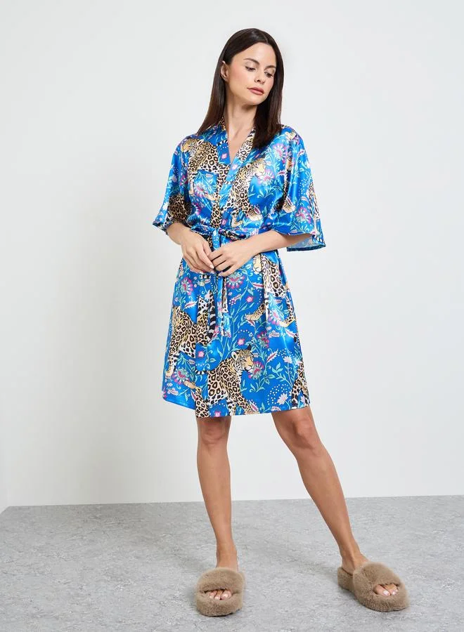 تايك تو Blue Leopard Print Satin Robe