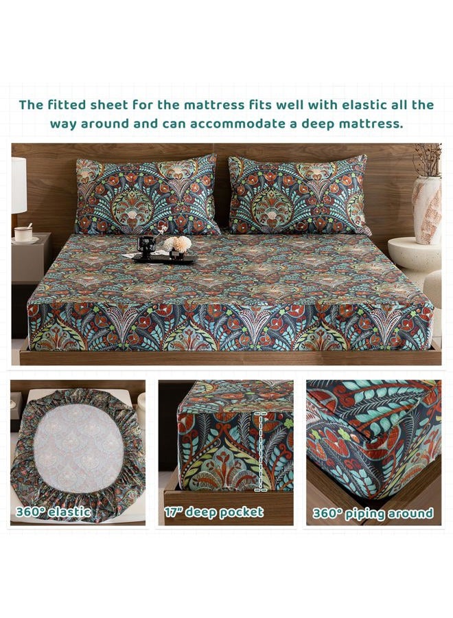 QSH Boho Sheets King Size - 100% Egyptian Cotton Bohemian Patterned Sheets Printed Bedding King Size Bed Sheets 17.5" Extra Deep Pocket 4pcs - Image 4