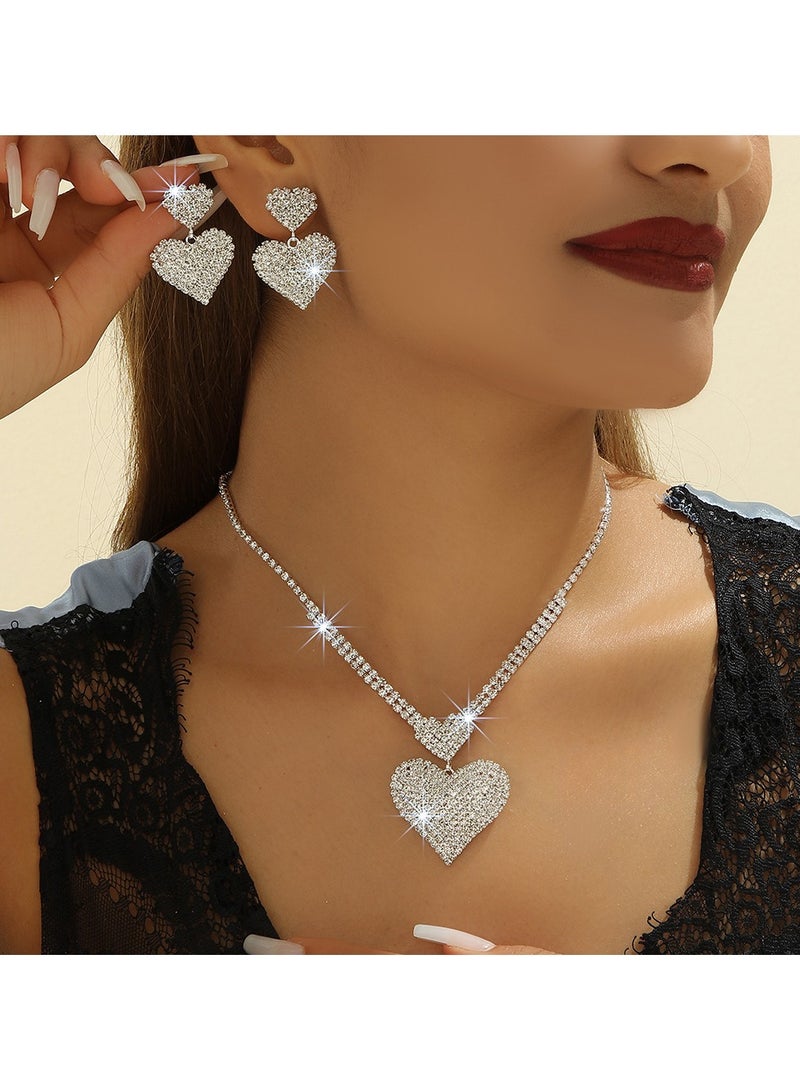 2 Piece Necklace & Earrings Jewelry Set Silver Heart Sparkling Chic Rhinestone Embellished Jewelry Set Perfect for Ladies Gifts for Girlfriends, Wife, Mother, Bridesmaids, Wedding Party, Gala Prom Accessories  - Image 1