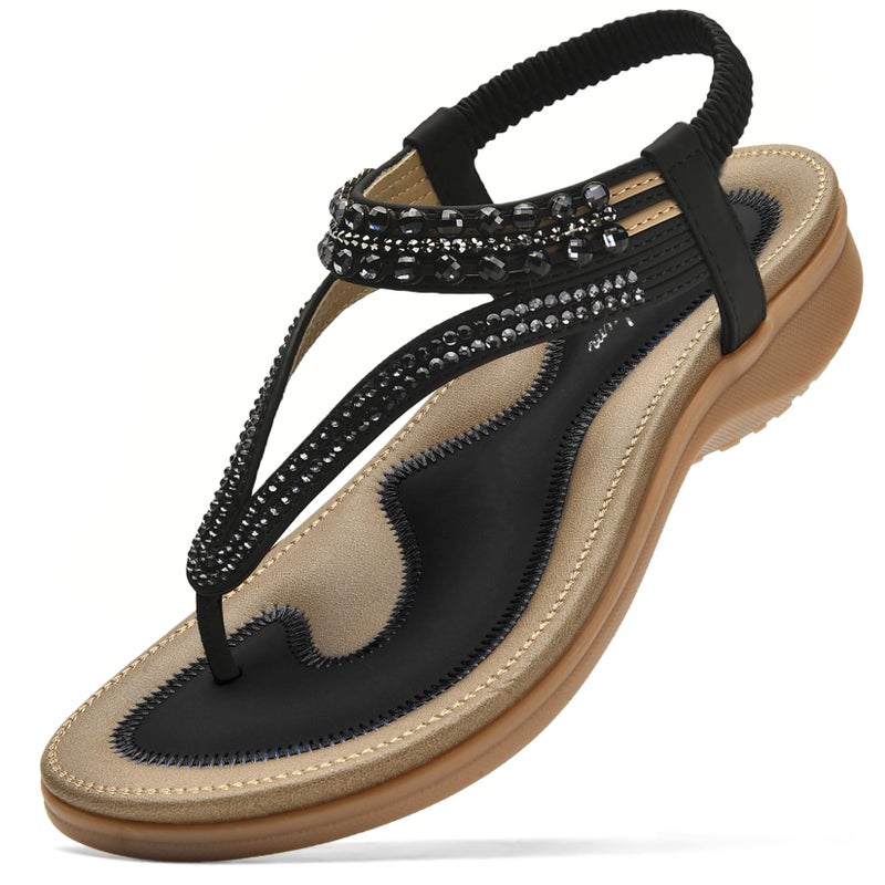 Littleplum Womens Sandals Arch Support Slingback Rhinestone Dressy Sandals Comfort Summer Shoes Ankle Strap Elastic Flats for Beach Walking Elegant Black Size 8.5 - Image 1