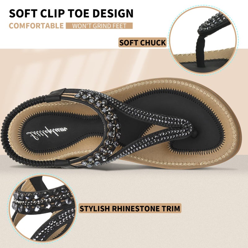 Littleplum Womens Sandals Arch Support Slingback Rhinestone Dressy Sandals Comfort Summer Shoes Ankle Strap Elastic Flats for Beach Walking Elegant Black Size 8.5 - Image 4