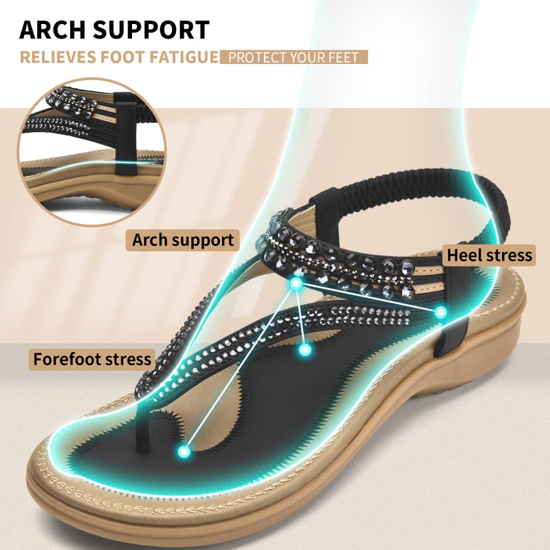 Littleplum Womens Sandals Arch Support Slingback Rhinestone Dressy Sandals Comfort Summer Shoes Ankle Strap Elastic Flats for Beach Walking Elegant Black Size 8.5 - Image 3