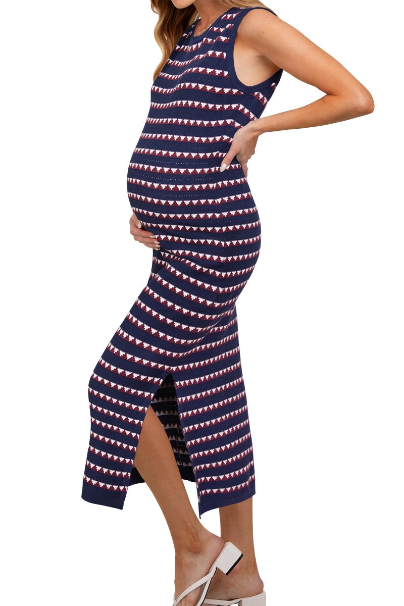 OUGES Women's 2026 Summer Maternity Dress for Photoshoot Baby Shower Midi Dress Sleeveless Crewneck Side Slit Bodycon Striped Knit Sweater Dress(Blue Red Striped,S) - Image 1