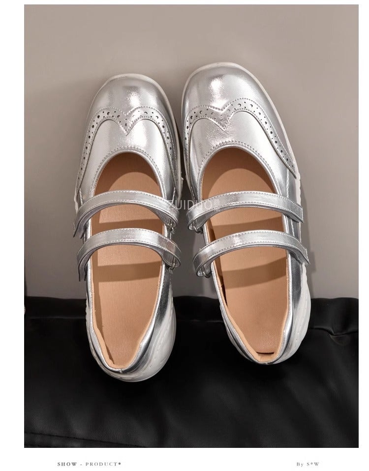 Soft Leather Version ~ Silver Mary Jane Shoes Women'S 2025 Carved Ballet Shoes Casual Sports Flat Shoes - Image 1