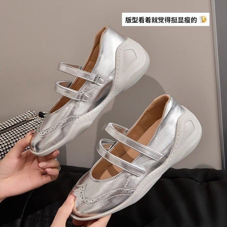 Soft Leather Version ~ Silver Mary Jane Shoes Women'S 2025 Carved Ballet Shoes Casual Sports Flat Shoes - Image 2
